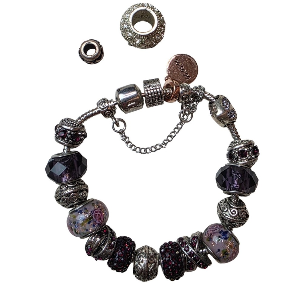 Sterling Silver Charm Bracelet Purple Murano Glass Pave Crystal Beads Yakira 48g